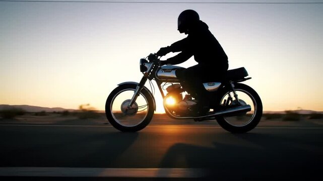 Silhouette of a person riding a motorcycle on a road during sunset with clear skies