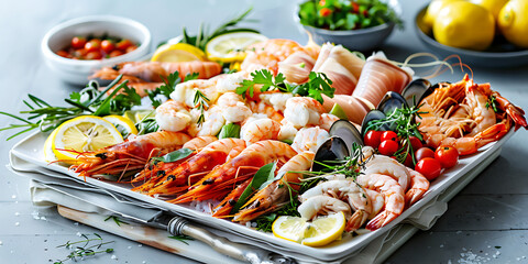 Abundant platter of fresh seafood, including shrimp, mussels, and lobster, garnished with lemon and herbs.