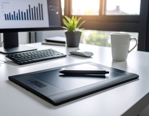 Modern workspace with computer, tablet and coffee