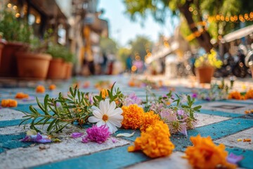 Colorful Flower Petals Spread Across Cobblestone Pathway in a Lively Outdoor Market Scene Captured in Daylight with Warm Lighting and Charming Atmosphere