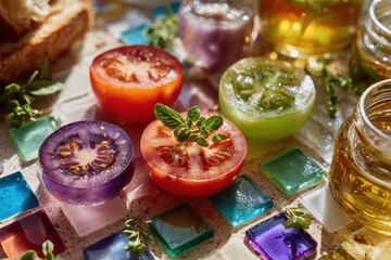 Colorful Gelatin Desserts with Fresh Ingredients on a Vibrant Mosaic Surface, Ideal for Creative Culinary Photography and Summery Sweet Treat Ideas