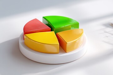 Obraz premium Colorful geometric shapes arranged in a circular format on a white surface with soft shadows, representing concepts of division, analysis, and data visualization in a modern setting.