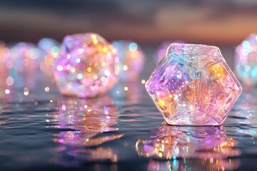 Colorful geometric shapes reflect magical lights on a tranquil water surface, creating a mesmerizing scene filled with vibrant hues and shimmering patterns in the background.