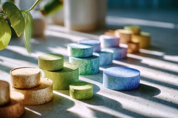 Colorful Geometric Shapes in Sunlight on a Textured Surface, Displaying a Harmonious Blend of Shadows and Natural Light for Creative Design Elements