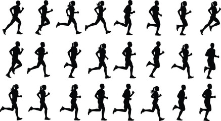 Naklejka premium Silhouette runners, jogging exercise, fitness training, marathon athletes, running people, outdoor activity, sports workout, healthy lifestyle, endurance, speed, motion illustration