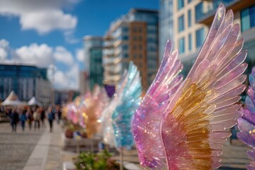 Colorful Glass Wings Installation in Urban Setting with Vibrant Skies and Modern Architecture in Background, Creating a Dreamy Atmosphere for Public Art Appreciation