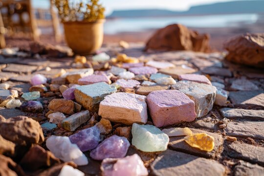 Colorful gemstones and crystals scattered on a stone path by a tranquil lake, creating a serene and picturesque natural scene enhanced by soft sunlight.