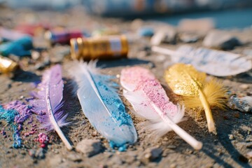 Colorful Glittery Feathers on a Surface with Sparkles and Craft Materials, Ideal for Artistic Projects and Creative Settings, Vibrant Outdoor Scene