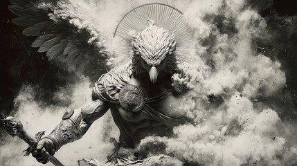 Mythical bird warrior in dramatic mist