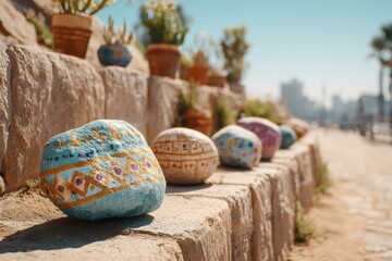 Colorful Hand-Painted Stones Lining a Natural Stone Pathway with Urban Background and Lush Greenery in Bright Sunlight
