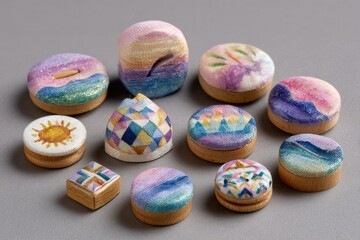 Colorful Hand-Painted Wooden Discs with Abstract Patterns and Scenic Designs on a Soft Gray Background for Creative and Artistic Projects