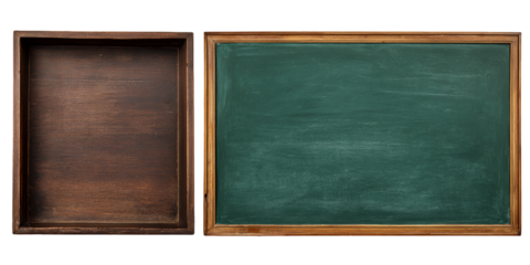 Empty Green Chalkboard and Wooden Box on Transparent Background, PNG