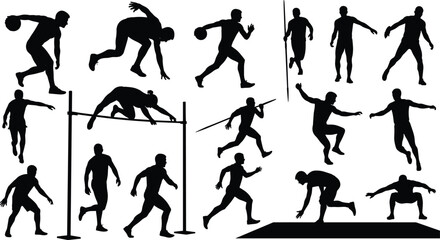 Athletics silhouettes, track and field, running, jumping, javelin throw, discus throw, high jump, long jump, sports training, competition, performance
