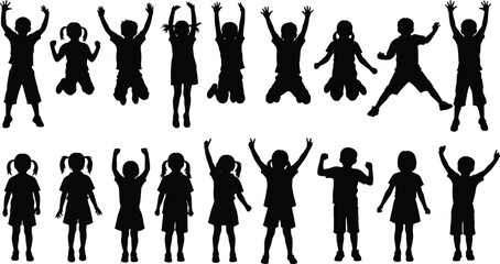 Children silhouettes, kids jumping, happy play, childhood fun, outdoor activity, celebration, freedom, joy, playful energy, group, friendship, happiness illustration