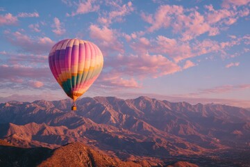 Obraz premium Colorful Hot Air Balloon Floating Over Scenic Mountain Landscape at Sunrise with Pink and Purple Skies and Majestic Peaks in the Background