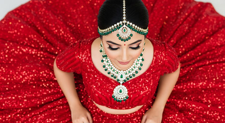 Exquisite Indian Bride in Red Lehenga Adorned with Emerald and Kundan Jewelry