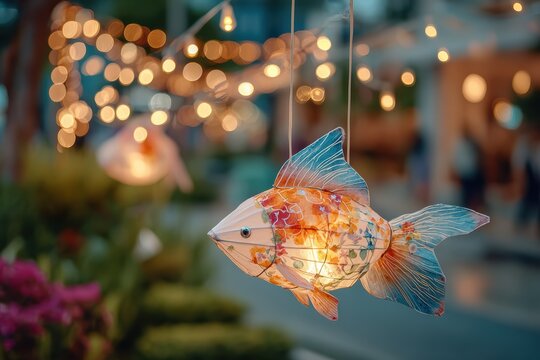 Colorful Lantern Fish Illuminated at Night Amidst Blurred Background of Festive Lights and Decorations, Creating a Magical Outdoor Atmosphere
