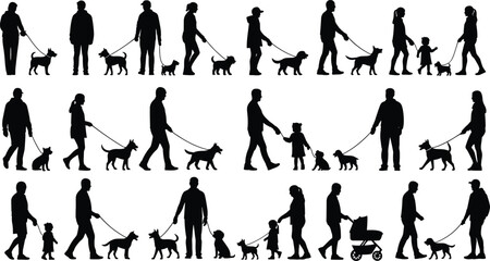 Silhouette people walking dogs, children and parents with stroller, outdoor lifestyle, pet care, leisure activity, family companionship, fitness, canine animals
