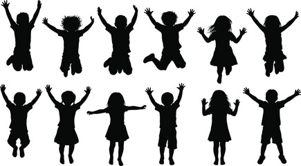 Silhouette children jumping, happy kids playing, active lifestyle, childhood joy, outdoor fun, energetic movement, freedom, playful energy, summer activity, celebration