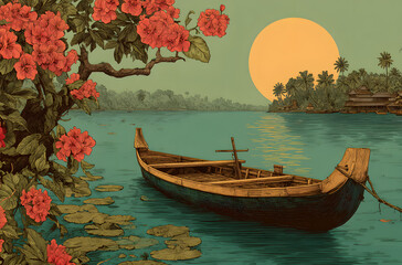 Obraz premium Boat at river on decorative background for South Indan Festival Onam, Hand Dran Sketch Vector illustratin.