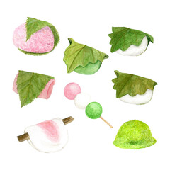 手描き水彩の美味しそうな春の和菓子のイラスト/ Hand-drawn Watercolor Illustration Spring Wagashi Delicious