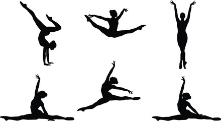 Silhouette female gymnast, dancer posing, acrobatic moves, fitness flexibility, rhythmic gymnastics, elegant performance, sports training, strength balance, split jump, handstand silhouette