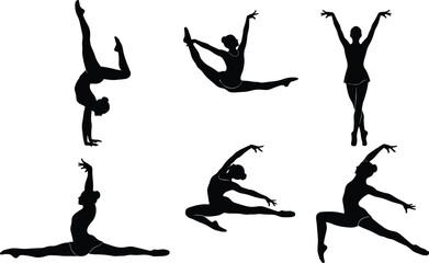 Silhouette female gymnast, dancer flexibility, acrobatic poses, artistic performance, sport balance, split stretch, elegant moves, handstand posture, fitness strength, graceful training