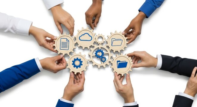 Diverse hands working together with gear and cloud icons