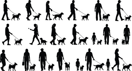 Dog walking silhouette vector, people with pets, family outdoor activity, man woman child walking dog, pet care illustration, leisure lifestyle