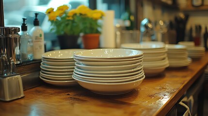 Kitchen sink with stainless steel faucet and dishes drying on the side