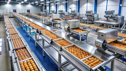 Large industrial food processing facility with conveyor belts and machinery