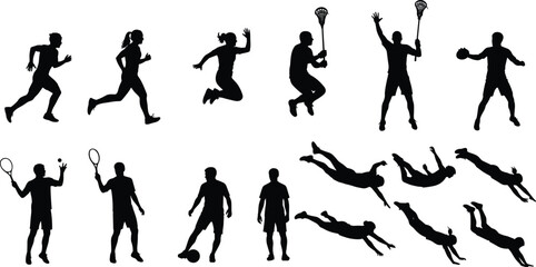 Sports silhouette vector, running, tennis, soccer, swimming, lacrosse, ball games, athletic training, competition, exercise, active lifestyle, fitness illustration