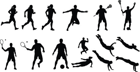 Sports silhouette vector, running, tennis, soccer, swimming, lacrosse, athletic activities, fitness, teamwork, exercise, competition, athlete training, sport illustration
