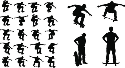 Skateboarding silhouette vector, skateboard tricks, urban sport, freestyle skater, jump action, skate park, extreme sport, youth culture, graphic design