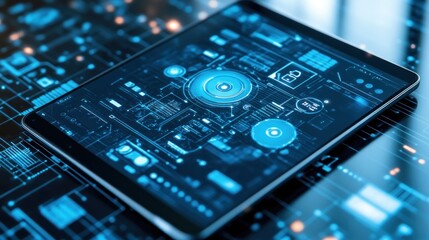 Digital tablet with abstract circuit board graphic overlay