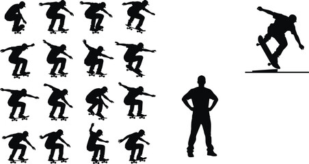 Skateboarding silhouette vector, skateboard stunt, skater tricks, freestyle jump, urban extreme sport, skate park action, youth culture, black silhouette graphic