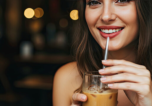 Smiling Woman Sipping Iced Coffee with Glass Straw in Cafe. International Coffee Day