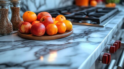 Marble kitchen countertop with fresh fruit bowl and cutting board