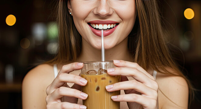 Smiling Woman Sipping Iced Coffee with Glass Straw in Cafe. International Coffee Day - Powered by Adobe