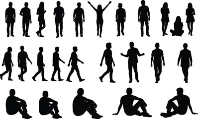 Silhouette people standing, walking, sitting, expressing emotions, male and female poses, communication, body language, movement, isolated figures, casual posture