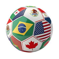 Obraz premium Soccer ball adorned with diverse national flags showcasing global unity and sport countries international PNG file download