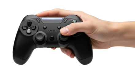 Hand holding black wireless gaming controller for console or pc gaming on white background studio shot on transparent background