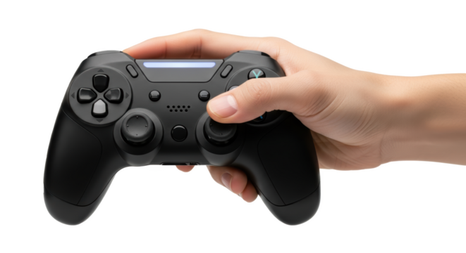 Hand holding black wireless gaming controller for console or pc gaming on white background studio shot on transparent background