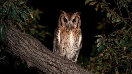 Obraz premium Owl perched on tree trunk at night