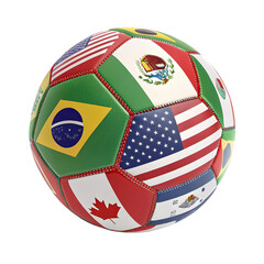Fototapeta premium Soccer ball featuring diverse national flags stitched together football PNG file download