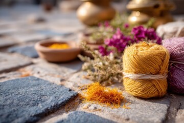 Colorful Yarn and Fresh Flowers on Cobblestone Surface, Showcasing Artisan Craftsmanship with Vibrant Natural Elements in Cozy Interior Setting