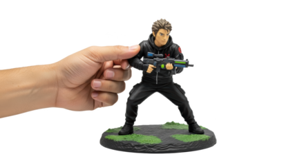 Action figure collectible toy soldier holding gun figurine shooter game character model for sale online on transparent background