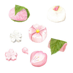 手描き水彩のかわいい桜の和菓子セットイラスト｜Cute Hand-painted Watercolor Illustration of Sakura Japanese Sweets Set (Sakuramochi, Nerikiri, Rakugan)