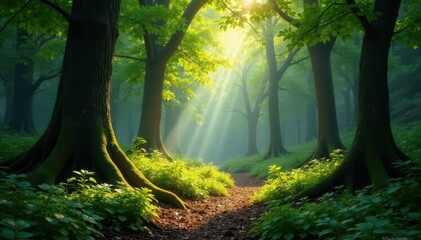 Obraz premium Ancient trees, dappled sunlight on forest floor, dark, growth, roots