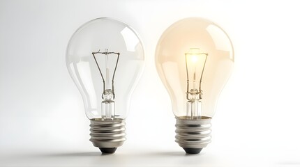 Bright idea concept with glowing light bulb and empty bulb on clean white background symbolizing creative thinking
